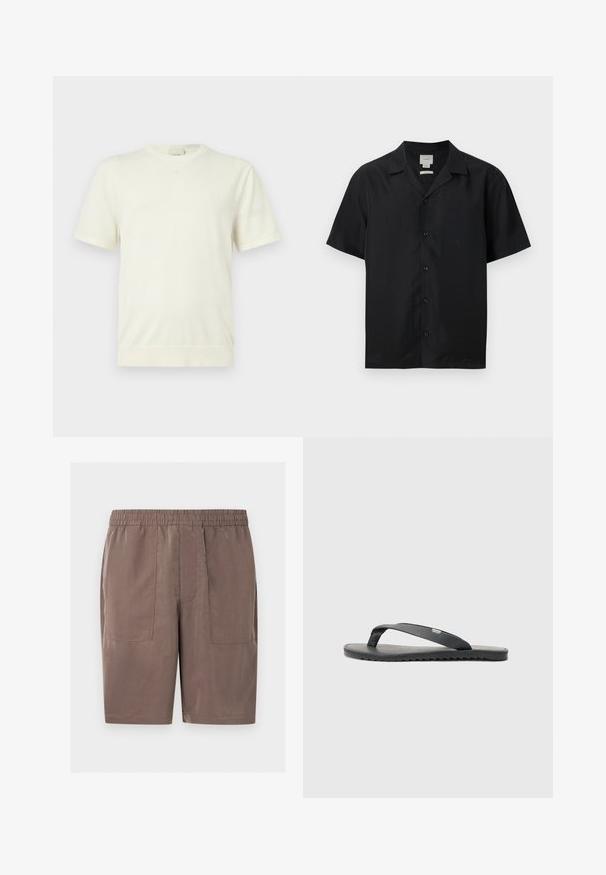 Enkelt hvid kortærmet t-shirt med rund hals og ribbet kant og manchetter, vist på en neutral, lys grå baggrund.; Sort kortærmet skjorte med knapper, camp-krave, brystlomme foran og lige kant.; Brune knælange shorts med elastik i taljen og to store fremadvendte lommer, lagt fladt på en hvid baggrund.; Sort flip-flop med teksturerede stropper, flad sål og tandet kant. Fremstillet af gummi med en glat finish og minimalistisk design.