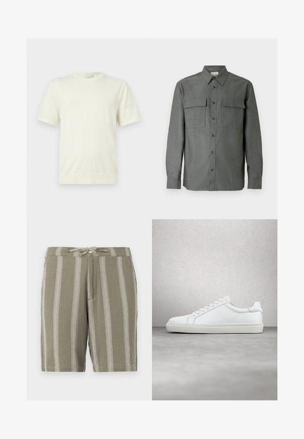 Camiseta blanca lisa de manga corta con cuello redondo y dobladillo y puños acanalados, mostrada sobre un fondo gris claro neutro.; Camisa gris abotonada con cuello estructurado, dos bolsillos en el pecho y mangas largas con puños abotonados; acabado de tela texturizada.; Pantalones cortos verdes de tela texturizada, con rayas blancas verticales, una cinturilla ajustable con cordón y bolsillos laterales inclinados.; Zapatilla blanca con parte superior de cuero liso y perfil bajo. Presenta una puntera redondeada, seis ojales y una suela de goma texturizada.