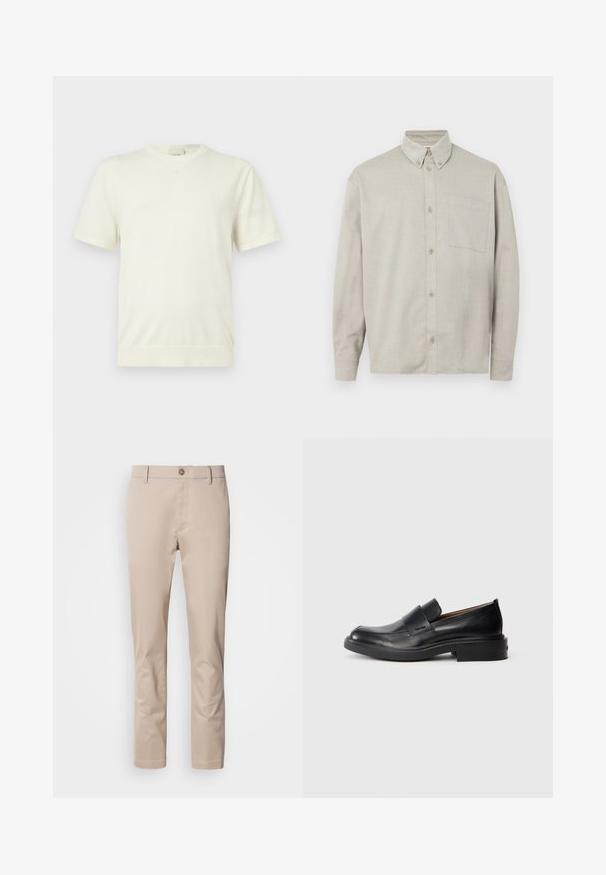 Enkelt hvid kortærmet t-shirt med rund hals og ribbet kant og manchetter, vist på en neutral, lys grå baggrund.; Lysegrå langærmet skjorte med knapper, lavet af blødt stof. Har en button-down krave, en frontal lomme og en afslappet pasform.; Beige bomulds chinos med lige pasform, bæltestropper, en enkelt frontknap og en glat, utextureret overflade. Ingen lommer er synlige.; Sorte læder slip-on dress sko med lav hæl og subtil Calvin Klein logo på siden, vist i profil på en hvid baggrund.