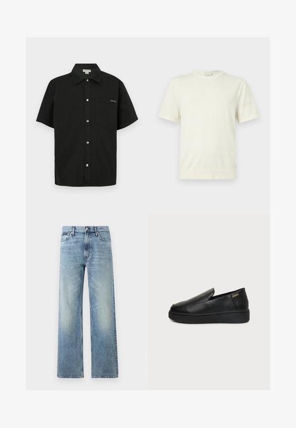 Schlichtes weißes Kurzarm-T-Shirt mit Rundhalsausschnitt, Rippbund und Bündchen, präsentiert vor einem neutralen hellgrauen Hintergrund.; Schwarzes Kurzarmhemd aus Baumwolle mit Knopfleiste, einer einzelnen Brusttasche und kleinem Logo-Akzent in der Nähe der Tasche.; Hellblaue Jeans mit geradem Bein, hohem Bund, fünf Taschen, Knopfverschluss und dezentem Verblassen an Oberschenkeln und Knien.; Schwarzer Lederschlupfschuh mit dicker Sohle und kleinen seitlichen Belüftungslöchern, mit goldenem "HUGO"-Logo nahe der Ferse.