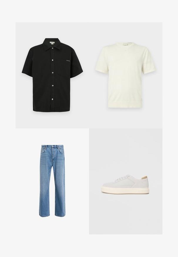 Schlichtes weißes Kurzarm-T-Shirt mit Rundhalsausschnitt, Rippbund und Bündchen, präsentiert vor einem neutralen hellgrauen Hintergrund.; Schwarzes Kurzarmhemd aus Baumwolle mit Knopfleiste, einer einzelnen Brusttasche und kleinem Logo-Akzent in der Nähe der Tasche.; Helle blaue Jeans im Geradeschnitt-Design, mit fünf Taschen, Knopfverschluss, minimaler Ausbleichung und kontrastierenden Nähdetails.; Hellgraue Sneaker mit einer glatten Synthetik-Oberfläche, runder Spitze und einer strukturierten cremefarbenen Zwischensohle. Helle tanfarbene Akzente an der Ferse.