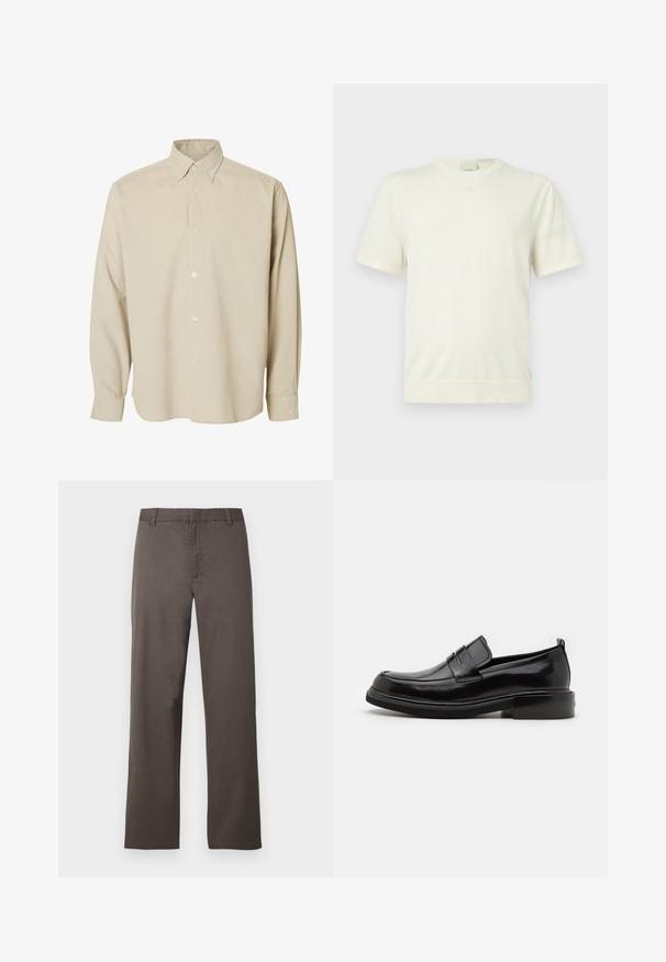 Enkelt hvid kortærmet t-shirt med rund hals og ribbet kant og manchetter, vist på en neutral, lys grå baggrund.; Beige langærmet skjorte med knapper, spids krave og knappede manchetter, vist mod en ensfarvet hvid baggrund.; Brune bomuldsbukser med et design i lige ben, der har bæltestropper og en glat tekstur. Ingen synlige mønstre eller hardware-detaljer.; Calvin Klein MOCCASIN - Business loafers - black