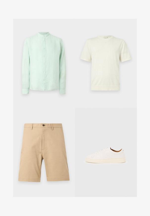 T-shirt blanc uni à manches courtes avec col rond, ourlet et poignets côtelés, présenté sur un fond gris clair neutre.; Chemise à manches longues vert clair avec col mandarin, en tissu légèrement texturé, présentée sur un fond uni.; Short beige pour homme, longueur genou, avec passants de ceinture, poches avant, fermeture par boutons et détails visibles de couture sur fond uni.; Baskets blanches basses avec un design à lacets, des détails de couture minimalistes, et une semelle couleur crème sur un fond gris clair.