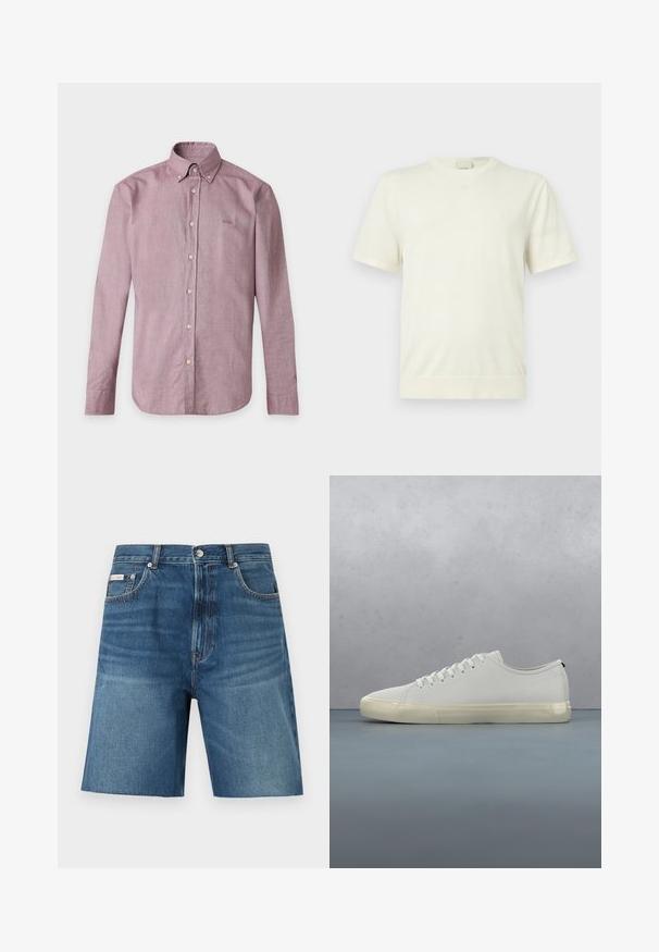 T-shirt blanc uni à manches courtes avec col rond, ourlet et poignets côtelés, présenté sur un fond gris clair neutre.; Chemise mauve à manches longues, boutonnée avec col et boutons visibles, posée à plat avec une broderie discrète du logo sur la poitrine gauche.; Homme portant un short en jean bleu mi-long avec ourlet brut, haut blanc, chaussettes foncées et mocassins noir et blanc, debout devant un fond blanc.; Baskets en cuir blanc avec lacets flottant au-dessus de carreaux en bois carrés et de petits cailloux, avec un arbre et un fond gris.
