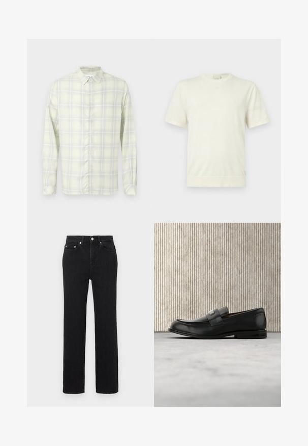 Enkelt hvid kortærmet t-shirt med rund hals og ribbet kant og manchetter, vist på en neutral, lys grå baggrund.; Lysegul ternet langærmet skjorte med knapper og krave, vist fladt mod en hvid baggrund.; Sorte jeans med højtaljet, lige ben, front- og baglommer, sølvfarvet knaplukning og bæltestropper på hvid baggrund.; Sort læderloafer med metalbrandskilt hvilende nær et brunt rundt bord på beige tæppe.