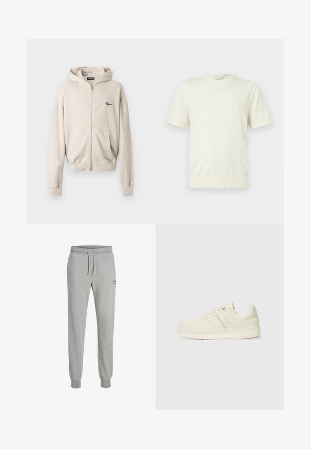 Enkelt hvid kortærmet t-shirt med rund hals og ribbet kant og manchetter, vist på en neutral, lys grå baggrund.; Beige hættetrøje med lynlås i ribbet stof, med en frontlomme, blød tekstur og et lille sort logo på venstre bryst.; Lysegrå sweatpants med snøre i taljen, elastiske manchetter og lille sort logo-tekst på venstre lår, vist på en hvid baggrund.; Cremefarvet sneaker med perforeret detaljering, snørebånd og logo på siden, præsenteret mod en simpel hvid baggrund.