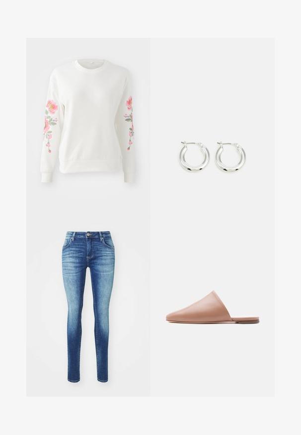 Hvid sweatshirt med levende pink blomsterbroderi langs ærmerne. Letvægtsstof, rund hals og ribbet manchetter og kant.; Slanke jeans i denimmateriale med en gradient fra lys til mørk blå, klassisk fem-lomme design og lynlås med knaplukning.; Beige læder mule uden hæl med spids tå og flad sål, vist i sideprofil på en ensartet lys baggrund.; Sølv hoop-øreringe med en poleret finish, der har en cirkulær form og en hængslet lukning. Glat tekstur med minimal detaljering.