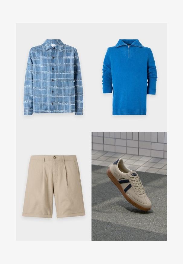 Pull-over bleu avec col côtelé, design à demi-fermeture éclair, manches longues et poignets côtelés, avec une texture en maille lisse.; Chemise en denim bleu avec un motif à carreaux, présentant des bords effilochés, un col et des boutons marron. Disponible en coupe décontractée avec des manches longues.; Shorts en lin beige à coupe droite, avec des plis devant, une fermeture par bouton et des détails d'ourlet retroussé. Texture lisse avec un design minimaliste.; Baskets beiges avec une finition texturée, bandes navy et semelle en caoutchouc. Équipées d'une languette rembourrée et d'un système de laçage traditionnel pour un maintien sécurisé.