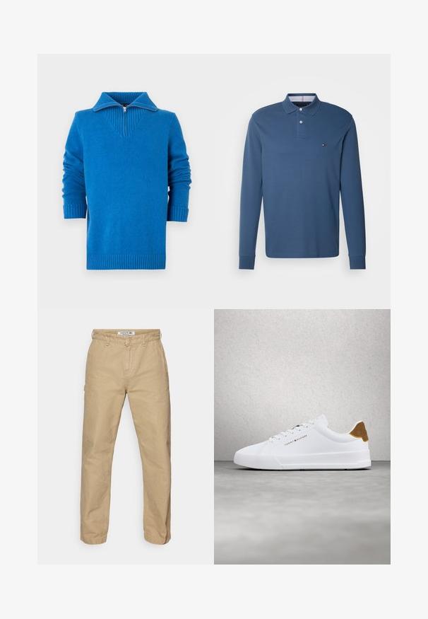 Sinine pullover-kampsun, millel on soonikkoes krae, pool-zip-lukk, pikad varrukad ja soonikkoes mansetid ning sile kudumispind.; Tommy Hilfiger REGULAR - Pikkade varrukatega topp - aegean sea; Beežid, kerged puuvillased püksid sirge sääre kujundusega, millel on nööbilukuga kinnitamine ja kerge tekstuur. Lacoste logo vöökohal.; Valge madala säärega toss pruuni seemisnahast kandmisegaga, valgete paelte ja Tommy Hilfigeri logoga küljel, hõljumas poleeritud halli põranda kohal.