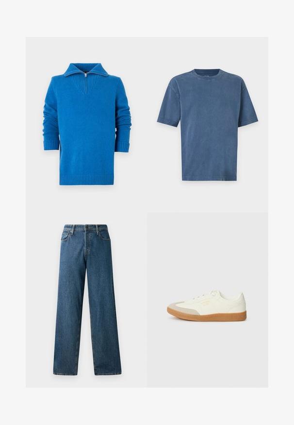 Blå pullover-trøje med ribstrikket krave, halv lynlås, lange ærmer og ribstrikkede manchetter med en glat strikket tekstur.; Enkelt blå T-shirt med korte ærmer og rund hals med afslappet pasform og synlige syninger på ærmer og kant mod en hvid baggrund.; Mørkeblå denimjeans med en afslappet pasform, lige ben, fem lommer og kontrasterende syninger. Har en frontknap og lynlås lukning.; Sneaker lavet af hvid læder med en beige tåhætte og let brunt gummisål. Har flade hvide snørebånd og prægede branding på siden.