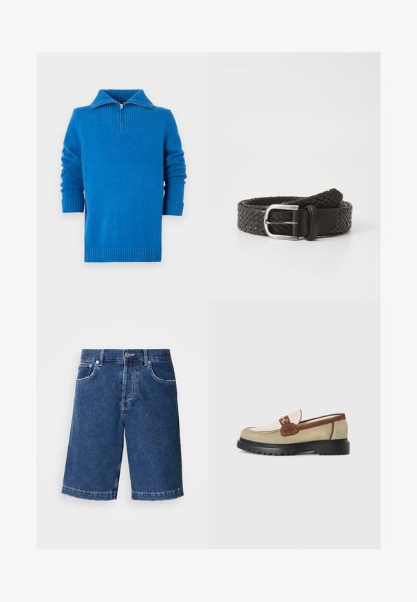 Pull-over bleu avec col côtelé, design à demi-fermeture éclair, manches longues et poignets côtelés, avec une texture en maille lisse.; Shorts en denim de couleur bleu foncé, avec une coupe droite, deux poches avant et une fermeture à bouton classique. Ourlet cousu avec un léger dégradé.; Loafer avec des panneaux en suède beige, rose clair et marron, accent en boucle en métal doré et semelle épaisse en caoutchouc noir avec un motif de crans.; Ceinture en cuir tressé marron foncé avec une boucle en métal argenté et une finition lisse en cuir à l'extrémité. Design texturé et flexible.