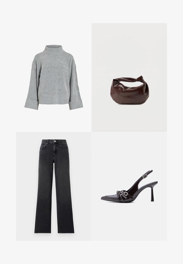 Suéter gris de punto con cuello alto, mangas amplias y tela texturizada. Presenta un ajuste casual y detalles acanalados en los puños y el dobladillo.; Jeans anchos negros de denim, con cintura alta, trabillas para cinturón y diseño clásico de cinco bolsillos con acentos de cobre.; Zapato de tacón alto tipo slingback de charol negro con punta afilada y tres correas decorativas con hebillas sobre la parte superior.; Bolso de hombro de cuero marrón oscuro con una forma suave y caída, y un asa con nudo torcido sobre un fondo blanco liso.