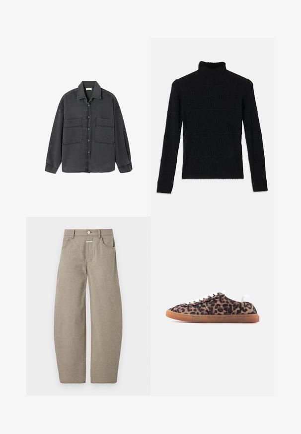Sort ribbet turtleneck sweater med lange ærmer og en tekstureret overflade. Fremstår med vandrette striber og en bølget kant ved ærmerne.; Mørkegrå denimjakke med knapper, to store forlommer og klassisk krave, vist fladt på en hvid baggrund.; CLOSED JAZZIE - Jeans Relaxed Fit - silt grey; Lav sko med brun og sort leopardprint på overdelen, hvide snørebånd, hvid hælflap og gennemsigtig gummi sål.
