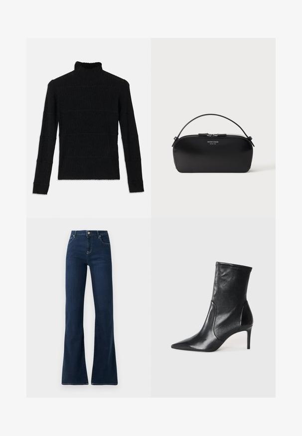 Sort ribbet turtleneck sweater med lange ærmer og en tekstureret overflade. Fremstår med vandrette striber og en bølget kant ved ærmerne.; Mørkeblå flagrende jeans med høj talje, lavet af denimstof. Har to forlommer og kontrastsyninger langs sømmen.; Sorte ankelstøvler lavet af glat læder, med spids tå, tætsiddende skaft og en slank høj hæl. Minimalistisk design uden synligt hardware.; Sort læderhåndledstaske med sølv lynlås og kort hank, prægede Emporio Armani Milano 1981-logo foran.