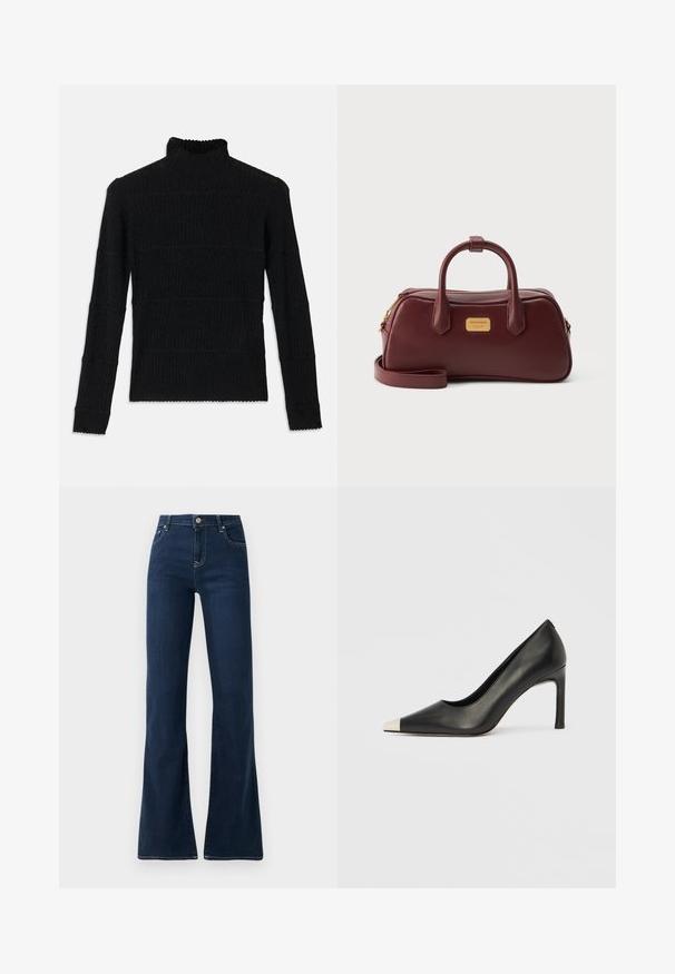 Sort ribbet turtleneck sweater med lange ærmer og en tekstureret overflade. Fremstår med vandrette striber og en bølget kant ved ærmerne.; Mørkeblå flagrende jeans med høj talje, lavet af denimstof. Har to forlommer og kontrastsyninger langs sømmen.; Sort læder højhælet sko med spids tå og metal-sølv hætte. Har en glat finish og en slank hæl på 10 cm.; Mørkerød lædertaske med to håndtag, aftagelig skulderrem, gyldent lynlås og en lille guldfarvet mærkeplade foran.