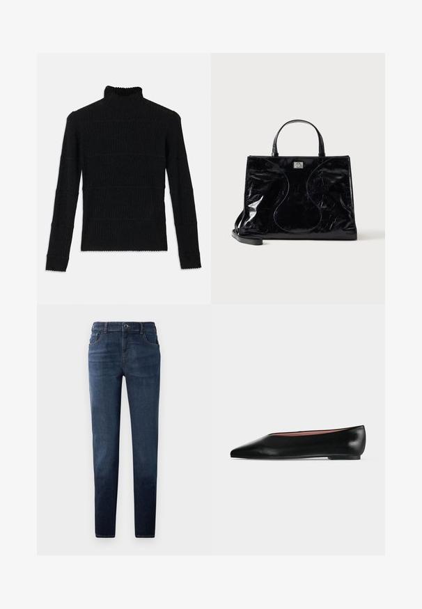 Sort ribbet turtleneck sweater med lange ærmer og en tekstureret overflade. Fremstår med vandrette striber og en bølget kant ved ærmerne.; Mørkeblå denim jeans med lige pasform. Har en knap- og lynlås-lukning, fem lommer og kontrastsyet. Glat tekstur.; Sort damesko i læder med flad hæl og spids tå, vist fra siden på en ensfarvet lys grå baggrund.; Sort blank læderhåndtaske med korte håndtag, aftagelig skulderrem og subtile buede syninger foran.