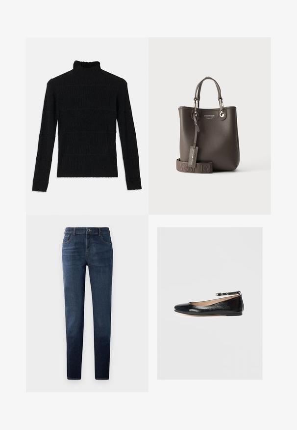 Zwarte geribbelde turtleneck trui met lange mouwen en een gestructureerde afwerking. Voorzien van horizontale strepen en een geschulpte zoom bij de mouwen.; Donkerblauwe denim jeans met een rechte pasvorm. Kenmerkt zich door een knoop- en ritsluiting, vijf zakken en contrasterende stiksels. Glad textuur.; Zwarte leren ballerina met een ronde neus, enkelbandje en lage hak. Glad textuur en minimalistisch ontwerp.; Donkerbruine gestructureerde leren tote bag met twee handvatten, een afneembare merkriem en een hanglabel met de merknaam in reliëf.