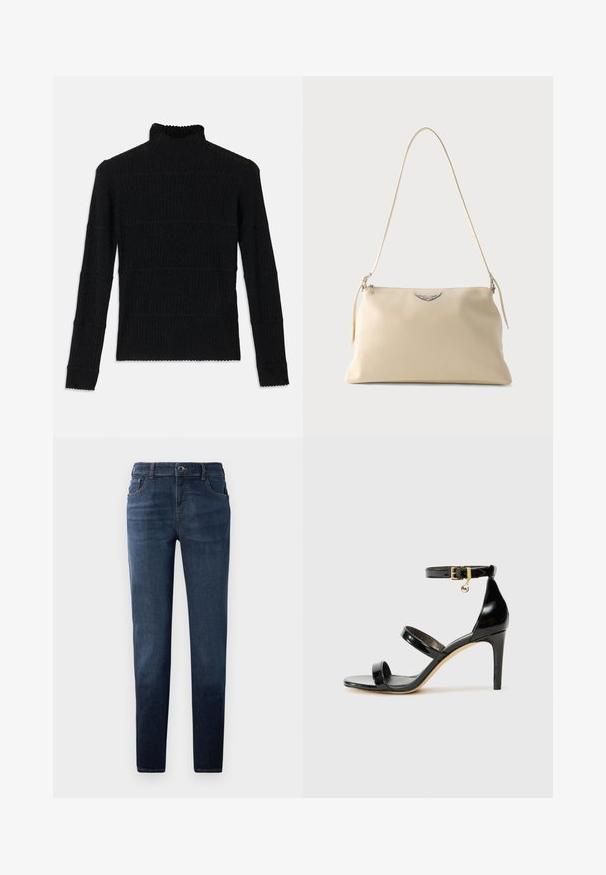 Sort ribbet turtleneck sweater med lange ærmer og en tekstureret overflade. Fremstår med vandrette striber og en bølget kant ved ærmerne.; Mørkeblå denim jeans med lige pasform. Har en knap- og lynlås-lukning, fem lommer og kontrastsyet. Glat tekstur.; Sorte patenterede lædersandaler med tre stropper, ankelspænde og 10 cm stiletthæl. Har detaljer i guld og et logo charms.; Kremfarvet læder skuldertaske med et sølvvinget emblem og en tynd rem mod en ensfarvet baggrund.