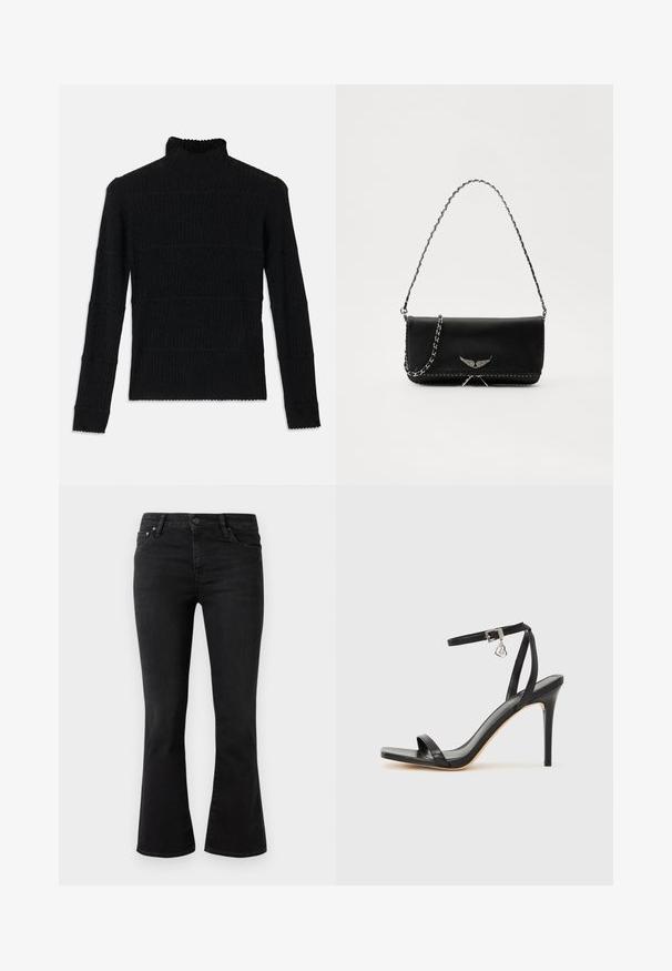 Sort ribbet turtleneck sweater med lange ærmer og en tekstureret overflade. Fremstår med vandrette striber og en bølget kant ved ærmerne.; Sort flagrende jeans i denim stof, med et klassisk 5-lomme design, frontlukning med knap og let slid på lårene.; Sort hæl-sandal med smal ankrem, firkantet tå-boks, glat lædermateriale og metalspænde som pynt.; Sort læderhåndtaske med en sølv kædestrop, der har dekorative vingedetaljer og hvid syning langs bunden.