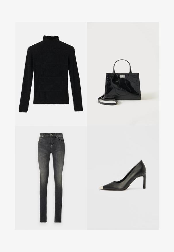 Mustriline turtleneck-sweater mustriline alussleeves ja tekstureeritud viimistlusega. Omab horisontaalseid triibusid ja sakilisi ääri varrukatel.; Kitsa teksased tumedast hallist denimist, millel on keskmise kõrgusega vöökoht, ees olevad taskud ja kerge kulumine, mis annab teksastele tekstuuri.; Mustast nahast kõrge kontsaga king terava varba ja metallik hõbedase otsikuga. Iseloomustab sile viimistlus ja sihvakas 10 cm konts.; Mustast lakknahast käekott ümarate sangadega, eemaldatava õlarihma ja hõbedase kinnitusega ühtlasel valgel taustal.