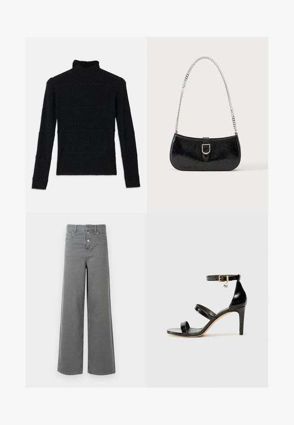 Sort ribbet turtleneck sweater med lange ærmer og en tekstureret overflade. Fremstår med vandrette striber og en bølget kant ved ærmerne.; Grå brede bukser med høj talje, fire forreste knapper, bæltestropper og forlommer, vist på en hvid baggrund.; Sorte patenterede lædersandaler med tre stropper, ankelspænde og 10 cm stiletthæl. Har detaljer i guld og et logo charms.; Sort skuldertaske i laklæder med sølv spænde og sølv kæderem, vist mod en ensartet lys baggrund.