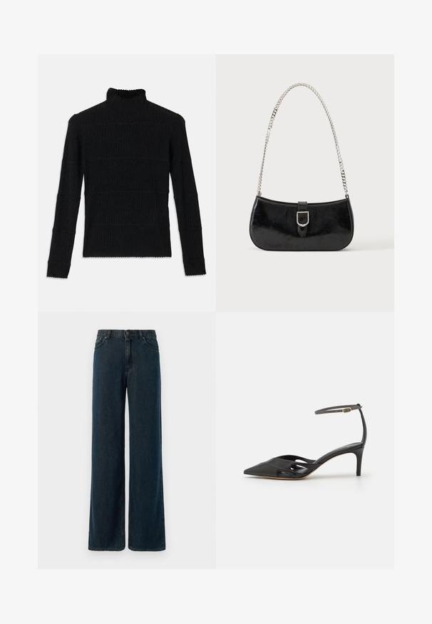 Sort ribbet turtleneck sweater med lange ærmer og en tekstureret overflade. Fremstår med vandrette striber og en bølget kant ved ærmerne.; Bredde ben mørkeblå denimjeans med høj talje, fem-lomme design og subtile stikninger. Stof har en glat tekstur.; Sort læder højhælet sko med spids tå, åbne sider og en tynd ankelrem med en lille guld detalje.; Sort skuldertaske i laklæder med sølv spænde og sølv kæderem, vist mod en ensartet lys baggrund.