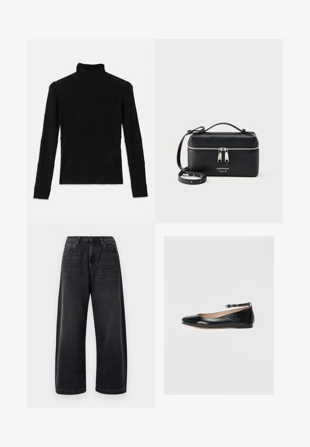 Sort ribbet turtleneck sweater med lange ærmer og en tekstureret overflade. Fremstår med vandrette striber og en bølget kant ved ærmerne.; Bredde ben sorte jeans lavet af denim, med et klassisk fem-lomme design, subtil fading og en knaplukning i taljen.; Sort læderballetflad med rund tå, ankelrem og lav hæl. Glat tekstur og minimalistisk design.; Sort rektangulær læder skuldertaske med dobbeltsidet sølvlynlås og justerbar rem, der har Emporio Armani-logo og teksten Milano 1981.