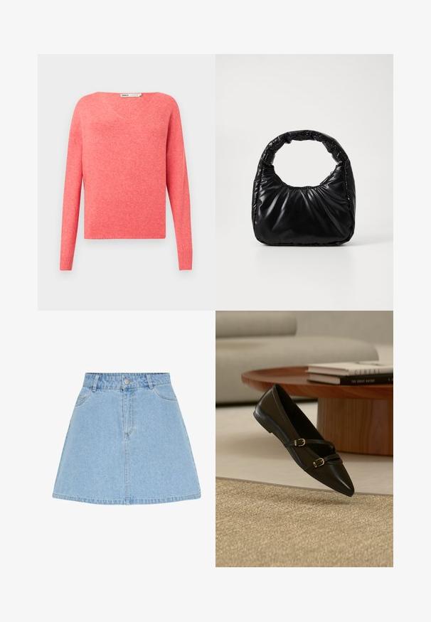 Koraalroze gebreide trui met een ronde hals, lange mouwen en geribbelde manchetten. Zachte textuur en eenvoudig ontwerp zonder zichtbare patronen.; Lichtblauwe denim A-lijn rok met vooraan knopen en rits, ceintuurlussen en twee voorzakken.; Zwarte platte schoen met puntige neus en twee dunne gespspanners die boven een beige tapijt zweven, met een houten salontafel en boeken op de achtergrond.; Zwarte gevoerde handtas met een ronde handgreep, met een gladde, glanzende oppervlakte en een zachte, gewatteerde textuur. Geen zichtbare metalen onderdelen of accenten.