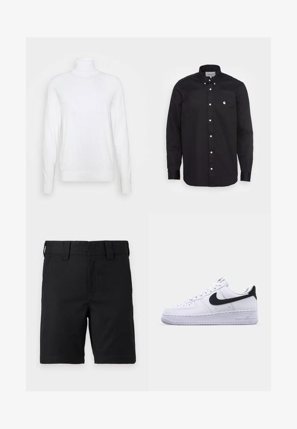 Hvid turtleneck sweater med lange ærmer, lavet af glat stof. Har et tætsiddende design og ribbede manchetter og kant. Ingen mønstre eller accenter.; Sort skjorte med knaplukning lavet af bomuld, med spidse kraver, lange ærmer og et lille hvidt logo på venstre bryst. Har hvide knapper.; Sorte knælange shorts med bæltestropper og forlommer, lavet af robust stof, vist på en hvid baggrund.; Hvide lædersneakers med en struktureret sort Swoosh, flade snørebånd og en gummisål med et rillemønster. "AIR" er præget på hælen.