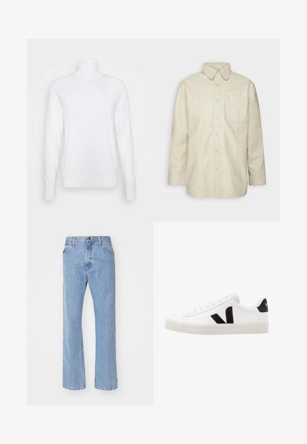 Hvid turtleneck sweater med lange ærmer, lavet af glat stof. Har et tætsiddende design og ribbede manchetter og kant. Ingen mønstre eller accenter.; Deadwood SPIKE - Skjorter - off-white; Lyseblå straight-leg denim jeans med frontknap- og lynlåslukning, bæltestropper og standard forlommer.; Hvide lædersneakers med sorte ruskindsdetaljer; har en gummisål, rund tå og klassisk snørebåndsdesign. Side logo i sort.