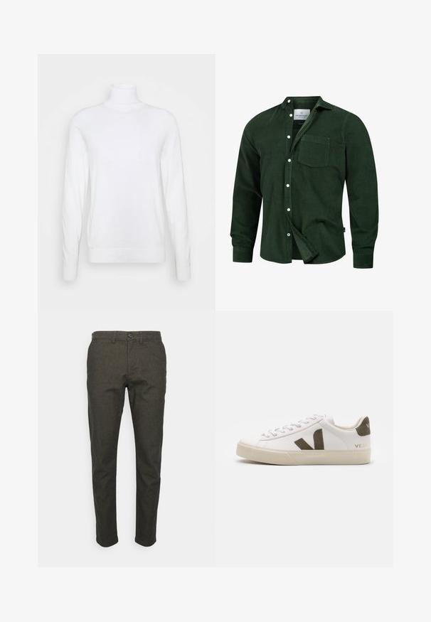 Hvid turtleneck sweater med lange ærmer, lavet af glat stof. Har et tætsiddende design og ribbede manchetter og kant. Ingen mønstre eller accenter.; Mørkegrøn fløjlsskjorte med knaplukning foran, en enkelt brystlomme, krave og lange ærmer med knapmanchetter.; Selected Chinos 175 Slim-fit brushed - Bukser - forest night; Hvide læder sneakers med en lys beige gummisål. Har en brun ruskinds V-logo og hælflap. Snørret lukning med en struktureret overflade.
