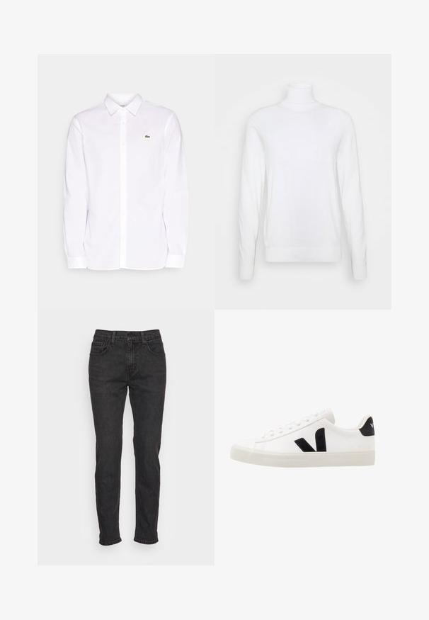 Hvid turtleneck sweater med lange ærmer, lavet af glat stof. Har et tætsiddende design og ribbede manchetter og kant. Ingen mønstre eller accenter.; Hvid langærmet skjorte lavet af bomuld, med krave der kan knappes ned, et grønt broderet logo på venstre bryst og lige manchetter.; Sorte denimjeans med en tætsiddende pasform, som har fem lommer, bæltestropper og diskrete syninger. Slidt tekstur langs stoffet.; Hvide lædersneakers med sorte ruskindsdetaljer; har en gummisål, rund tå og klassisk snørebåndsdesign. Side logo i sort.