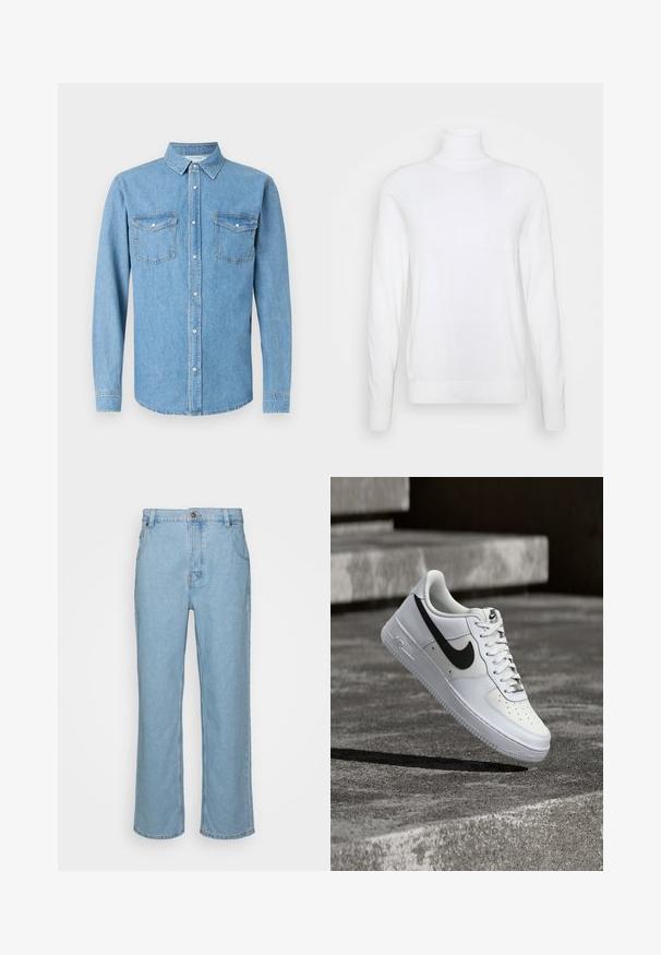 Pull à col roulé blanc avec des manches longues, fabriqué en tissu lisse. Présente un design ajusté et des poignets et un ourlet côtelés. Pas de motifs ni d'accents.; Chemise en denim bleu clair à manches longues, fermeture boutonnée à l'avant, et deux poches poitrine. Dotée d'un col classique et d'une texture lisse.; Jeans en denim bleu clair avec une coupe droite, dotés d'une fermeture à bouton, de passants de ceinture et de deux poches avant.; Baskets blanches Nike Air Force 1 avec le swoosh noir, lacets attachés, en suspension dans les airs au-dessus d'une surface en béton texturé en extérieur.