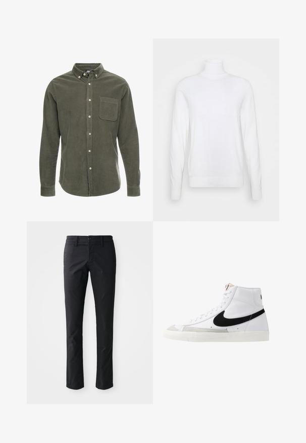 Hvid turtleneck sweater med lange ærmer, lavet af glat stof. Har et tætsiddende design og ribbede manchetter og kant. Ingen mønstre eller accenter.; Olivengrøn kordfløjlsskjorte med lange ærmer, knap-ned krave, frontlomme og frontknaplukning. Struktureret stof med lodrette striber.; Sorte lige ben bukser lavet af glat stof med en enkelt knaplukning og bæltestropper. Minimalistisk design uden synlige mønstre.; Hvide høje sneakers med et sort swoosh, struktureret grå tåhætte og flad hvid sål. Har seks snørrehuller og syede detaljer.