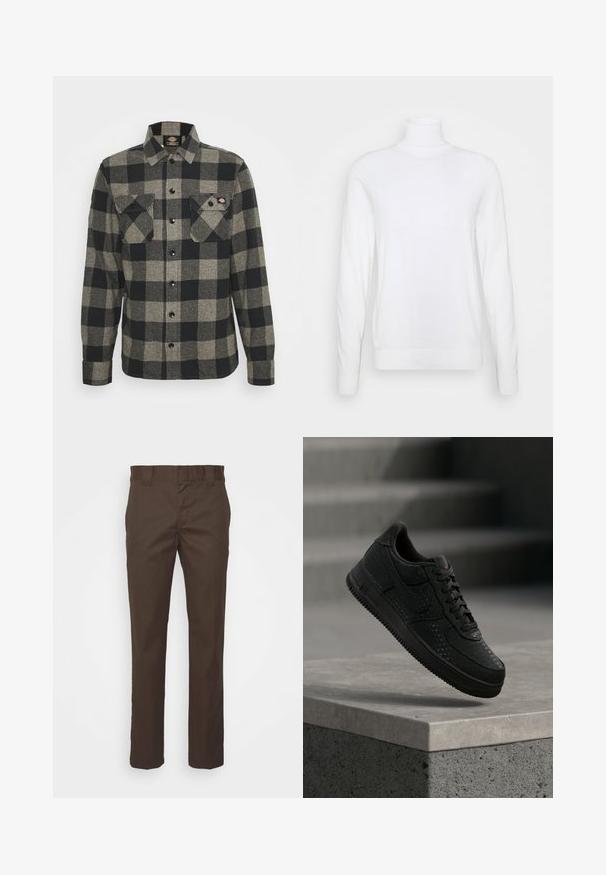Hvid turtleneck sweater med lange ærmer, lavet af glat stof. Har et tætsiddende design og ribbede manchetter og kant. Ingen mønstre eller accenter.; Sort og gråternet flannel skjorte med lange ærmer, knaplukning foran, to brystlommer og en let bøjet kant. Struktureret stof.; Brune bukser lavet af slidstærkt stof, med lige ben-design, en standard talje og sidelommer for funktionalitet.; Sort Nike-sneaker med perforerede detaljer svæver over en betonforkant mod en sløret grå baggrund.