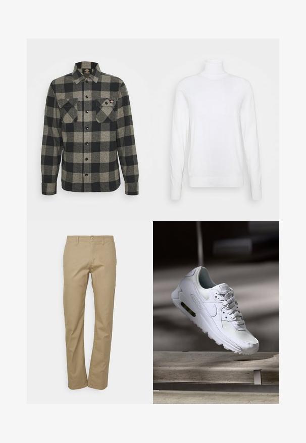 Witte coltrui met lange mouwen, gemaakt van een zachte stof. Heeft een aansluitend ontwerp en geribde manchetten en zoom. Geen patronen of accenten.; Zwart en grijs geblokt flanellen shirt met lange mouwen, knoopsluiting aan de voorkant, twee borstzakken en een licht gebogen zoom. Gegarneerde stof.; Beige chino's met een recht gesneden design, voorzien van een knoopsluiting, riemlussen en een gladde katoenen stoftextuur.; Witte Nike Air Max 90 sneaker met een bovenwerk van mesh en leer, een geperforeerde teenbox en een zichtbare luchtunit in de hiel.