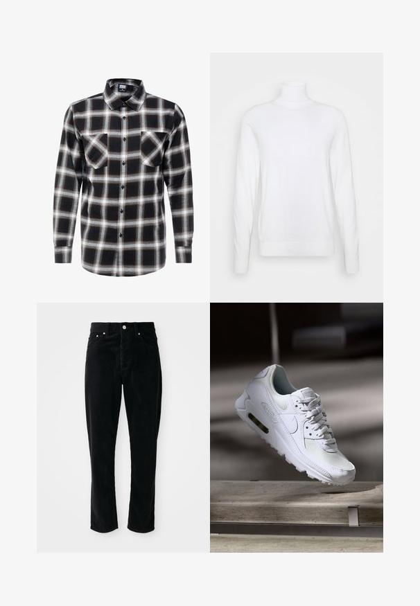 Hvid turtleneck sweater med lange ærmer, lavet af glat stof. Har et tætsiddende design og ribbede manchetter og kant. Ingen mønstre eller accenter.; Langærmet ternet skjorte i sort, hvid og brun. Har en krave med knaplukning og to brystlommer med knaplukning.; Sorte fløjlsprede bukser med høj talje, lige ben, fem lommer og sølvhardware, der har et struktureret ribbet mønster over det hele.; Hvide Nike Air Max 90 sneakers med en overdel i mesh og læder, perforeret tåboks og en synlig luftenhed i hælen.