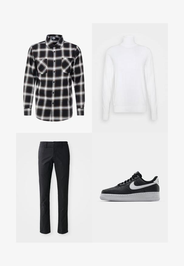Hvid turtleneck sweater med lange ærmer, lavet af glat stof. Har et tætsiddende design og ribbede manchetter og kant. Ingen mønstre eller accenter.; Langærmet ternet skjorte i sort, hvid og brun. Har en krave med knaplukning og to brystlommer med knaplukning.; Sorte lige ben bukser lavet af glat stof med en enkelt knaplukning og bæltestropper. Minimalistisk design uden synlige mønstre.; Sort lædersneaker med tekstureret overflade, hvid Nike swoosh, grå sål, rund tå og snørebåndsdesign. Har perforeringer på tåboksen.