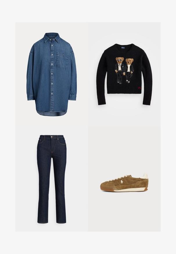 Sort strikket sweater med to broderede bjørne iført sorte smoking, en med solbriller, og røde "RL" initialer på kanten.; Mørkeblå denim skjorte med knapper. Har en brystlomme, lange ærmer og en afslappet pasform. Diskrete syningsdetaljer langs sømmene.; Mørkeblå denimjeans med lige ben, høj talje, diskrete syningsdetaljer og en klassisk fem-lomme-stil.; Brun ruskind lavsko sneaker med hvide snørebånd, beige sål og et lille hvidt hestelogo på siden.