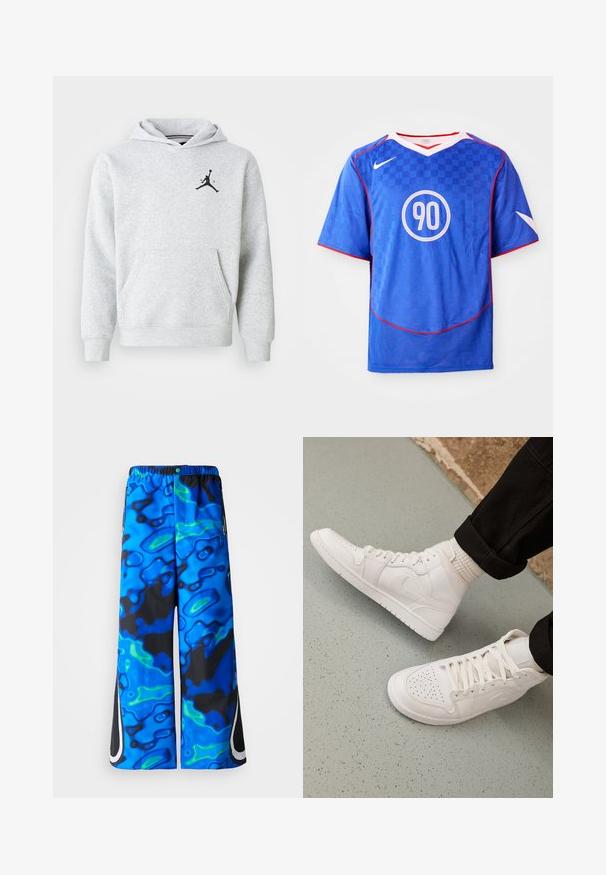 Hellgrauer Hoodie aus weichem Material, mit einer vorderen Kängurutasche und einem schwarzen Jordan-Logo auf der Brust. Reguläre Passform mit Kapuze.; Blaues Nike-Fußballtrikot mit kariertem Muster, kurzen Ärmeln, V-Ausschnitt, weißen Akzenten und einem zentralen kreisförmigen „90“-Grafik.; Blaue und schwarze, abstrakt gemusterte, weit geschnittene Hose mit elastischem Bund und seitlichen Reißverschlusstaschen auf einem einfarbigen Hintergrund.; Weisse High-Top-Sneaker aus glattem Leder mit perforierter Zehenpartie, Schnürverschluß und dezentem Logodetail an der Seite. Strukturierte Gummisohle.