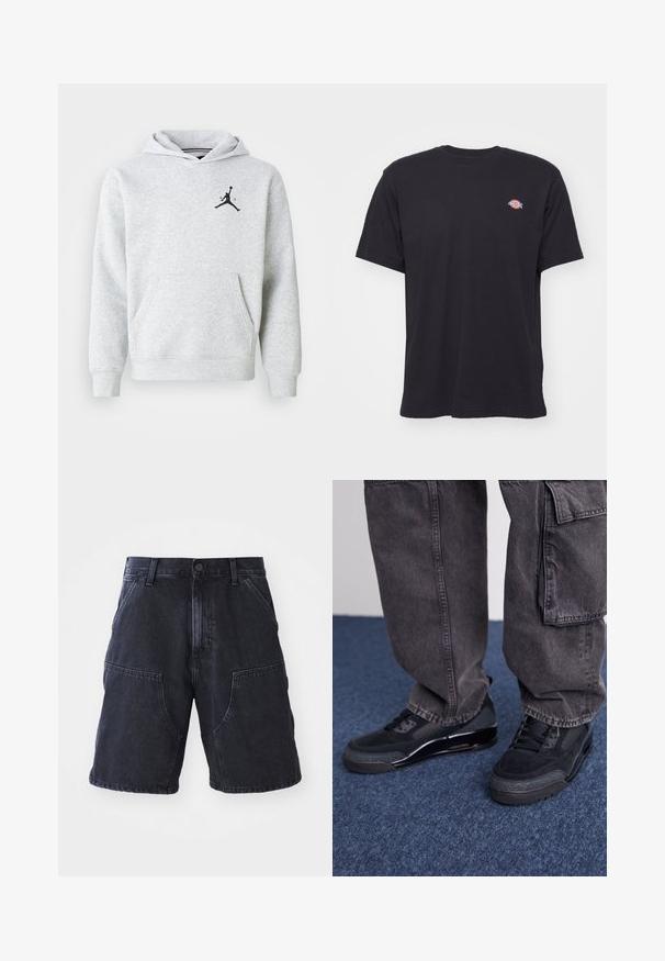 Lys grå hættetrøje lavet af blødt stof, med en front kangaroo lomme og et sort Jordan-logo på brystet. Regular fit med hætte.; Sort kortærmet t-shirt med rund hals og et lille farverigt Dickies-logo på venstre bryst mod en ensfarvet baggrund.; Mørke denim shorts med lige snit, store forlommer og knaplukning; glat tekstur og minimale syninger.; Sorte sportsko med en struktureret overflade, glatte detaljer og en kraftig sål, der er parret med mørke, løstsiddende cargo-bukser.