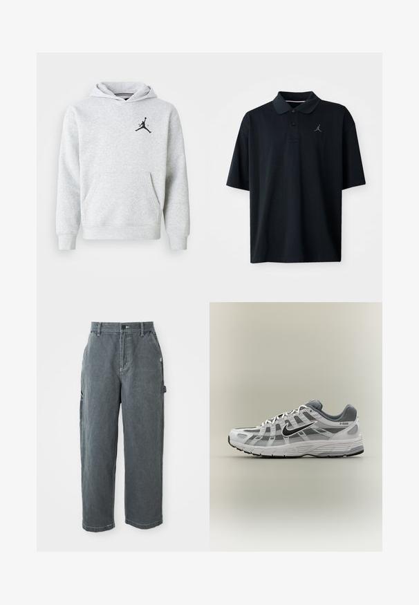 Hoodie gris clair en tissu doux, avec une poche kangourou à l'avant et un logo Jordan noir sur la poitrine. Coupe regular avec capuche.; Polo noir en tissu lisse, avec un col, des manches courtes et un petit logo Jordan gris brodé sur la poitrine gauche.; Pantalons de travail droits gris foncé avec passants de ceinture, bouton et fermeture éclair à l'avant, poches latérales et attache marteau sur la jambe droite.; Baskets Nike P-6000 blanches et grises avec swoosh noir, panneaux en maille et semelle texturée, montrées en profil latéral sur fond neutre.