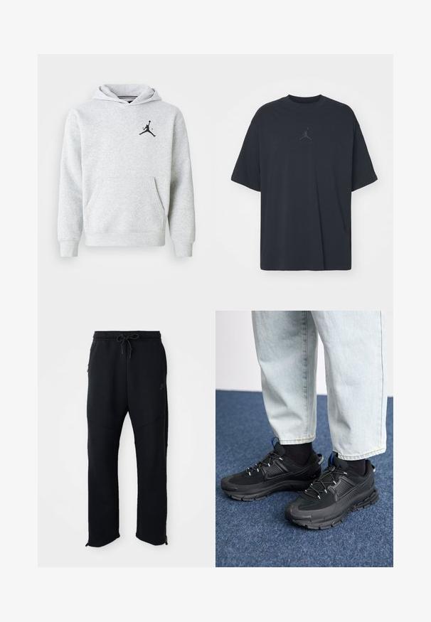 Hellgrauer Hoodie aus weichem Material, mit einer vorderen Kängurutasche und einem schwarzen Jordan-Logo auf der Brust. Reguläre Passform mit Kapuze.; Schwarzes Baumwoll-T-Shirt mit lockerem Schnitt, rundem Hals, kurzen Ärmeln, mit einem dezenten Logo und dem Text "AIR" über dem Logo in der Mitte.; Schwarze Sporthose mit elastischem Bund und Kordelzug, seitlichen Taschen, schmal zulaufenden Beinen und Reißverschlüssen an den Knöcheln. Glatte Textur.; Schwarze Sportschuhe aus strukturiertem Stoff mit Gummisohlen, ausgestattet mit elastischen Schnürsenkeln und einem blauen Akzent an der Ferse. Getragen mit hellen Jeans.