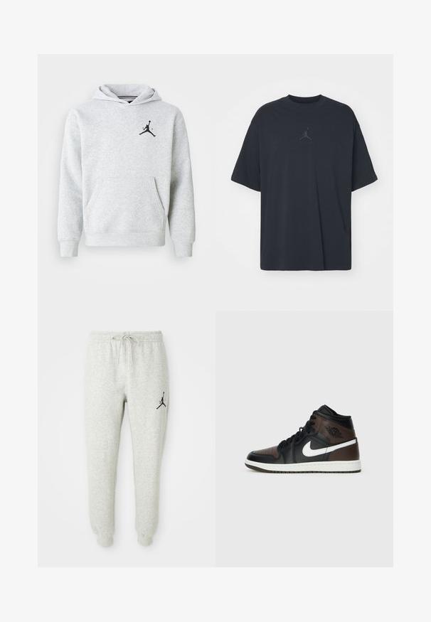 Sudadera gris claro hecha de tela suave, con un bolsillo canguro frontal y un logo negro de Jordan en el pecho. Corte regular con capucha.; Camiseta de algodón negra con un corte holgado, cuello redondo, mangas cortas, que presenta un logo sutil y el texto "AIR" encima del logo en el centro.; Pantalones de chándal grises con cintura elástica y cordón, con un logo Jumpman negro en la pierna izquierda, fabricados con tela suave y texturizada.; Zapatillas altas negras y marrones con parte superior de cuero, logotipo de swoosh blanco, puntera perforada y suela de goma. Cuenta con cordones y cuello negros.