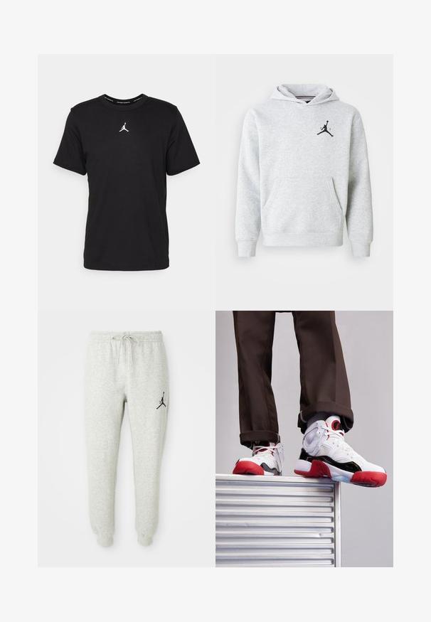 Lys grå hættetrøje lavet af blødt stof, med en front kangaroo lomme og et sort Jordan-logo på brystet. Regular fit med hætte.; Sort bomulds t-shirt med korte ærmer, rund hals, med et hvidt Jumpman-logo på brystet og en glat, let tekstur.; Grå svedbukser med elastisk talje og snøre, med et sort Jumpman-logo på venstre ben, lavet af blødt, tekstureret stof.; Hvide og sorte sportsko med røde detaljer. Har mesh- og lædermaterialer, rund tå og struktureret gummisål.