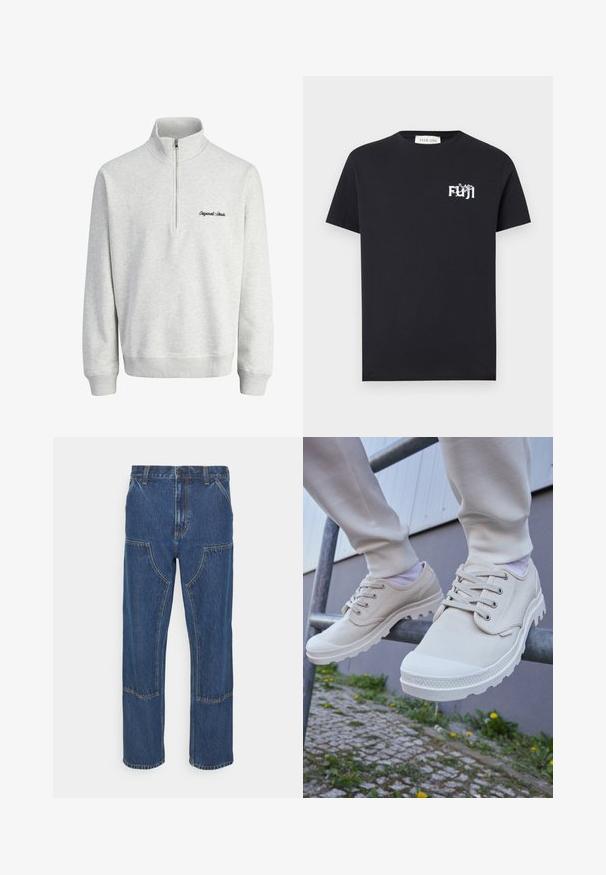 Lys grå sweatshirt med halv-zip krave og "Original Studio" broderet i sort på forsiden, vist mod en hvid baggrund.; Sort kortærmet t-shirt med hvid "Fuji" tekst og lille blomstermotiv på venstre bryst, rund halsudskæring, ensfarvet baggrund.; Blå denim jeans med lige ben, frontlappelommer og kontrasterende syninger. Stoffet har en klassisk tekstur og finish.; Beige lærredssko med strukturerede gummisåler, der har runde snørebånd, forstærket tå og en slank silhuet. Placeret på et metalgelænder.