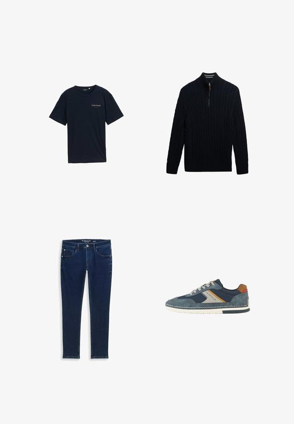 Navy blauwe kabeltrui met halve rits aan de voorkant, geribde kraag en manchetten, plat liggend op een witte achtergrond.; Navyblauwe katoenen T-shirt met een ronde halslijn en korte mouwen. Kenmerkt zich door een klein rood tekstlogo op de borst. Regular fit, soepele textuur.; Donkerblauwe denim jeans met een slim fit. Beschikt over vijf zakken, gestikte details en een knoopsluiting bij de taille.; Casual blauwe herensneaker met grijze en oranje accenten, witte zool, vetersluiting en gebrandmerkt zijpaneel.