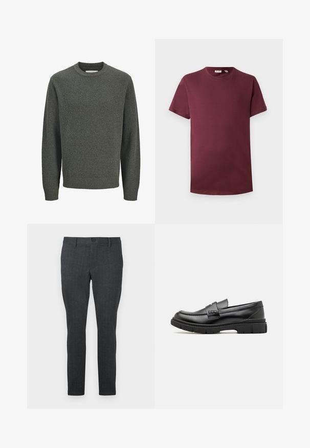 Pull à manches longues col rond en maille grise texturée avec poignets et ourlet côtelés, présenté sur un fond clair uni.; T-shirt à col rond bourgogne en coton doux, à manches courtes, coupe classique, avec un ourlet droit sans motifs ni détails matériels.; Pantalon gris foncé avec un motif texturé, coupe slim, taille standard avec un bouton unique, et jambes droites, conçu pour un look moderne.; Mocassin en cuir noir avec une large sangle sur le devant, semelle en caoutchouc à épaisse rainure, et texture lisse. Design classique et élégant.