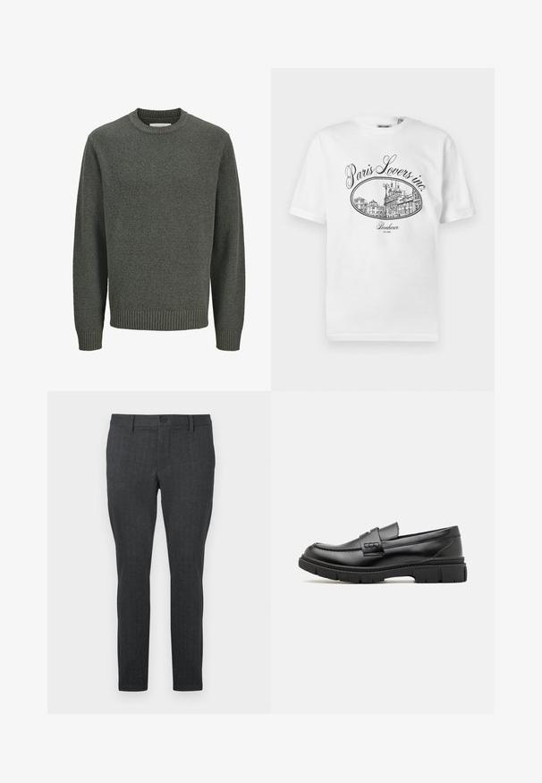 Pull à manches longues col rond en maille grise texturée avec poignets et ourlet côtelés, présenté sur un fond clair uni.; T-shirt en coton blanc avec une illustration noire représentant un paysage urbain parisien, accompagné du texte "Paris Lovers inc." et "Bonheur EST.1992."; Pantalon gris foncé avec un motif texturé, coupe slim, taille standard avec un bouton unique, et jambes droites, conçu pour un look moderne.; Mocassin en cuir noir avec une large sangle sur le devant, semelle en caoutchouc à épaisse rainure, et texture lisse. Design classique et élégant.