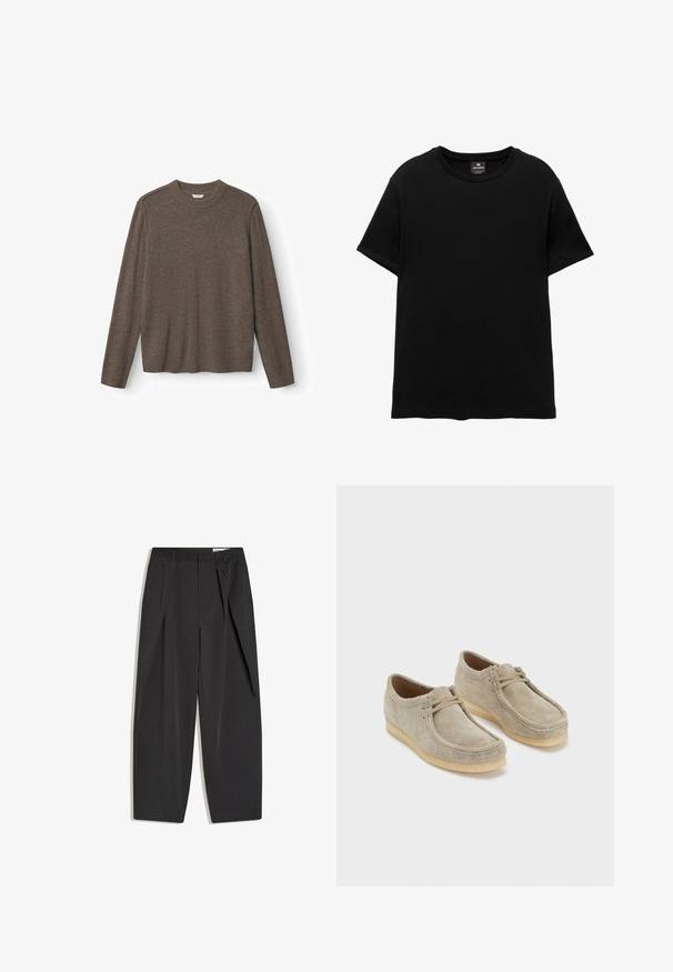 Bruine gebreide trui met een ronde hals, lange mouwen en een ribgebreide zoom. Zacht van textuur met minimale details en geen zichtbare hardware.; Zwart T-shirt met korte mouwen en ronde hals, met Pull&Bear-label aan de binnenkant van de kraag, plat gelegd op een witte achtergrond.; Zwarte, op maat gemaakte, high-waist broek met plooien, riemlussen en een rechte pijpen, plat uitgestald op een witte achtergrond.; Beige suède schoenen met een ronde neus, zachte textuur en een rubberen zool. Heeft minimale veter en een eenvoudig ontwerp.